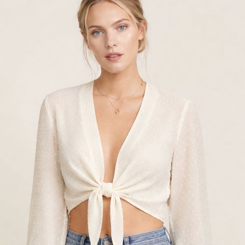 NIGHTWALKER Ivory Swiss Dot Crop Tie Blouse